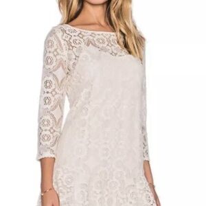NWOT Free People -  Ivory Lace Ruffle Hem 3/4 Sleeve Shift Party Dress